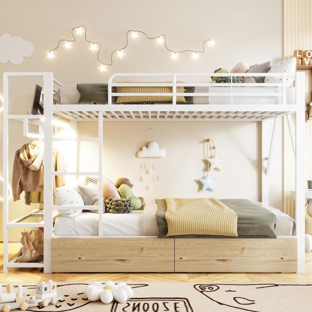 Cama litera metálica 140x200cm con LED, cajones y armario blanco