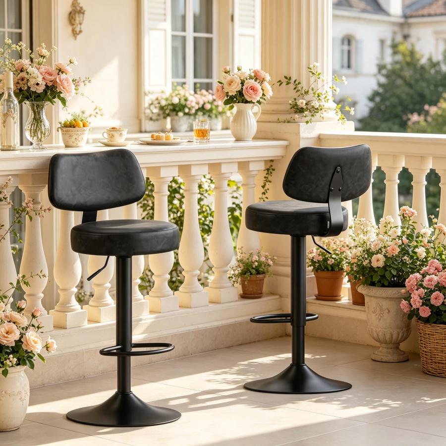 Taburete de bar de piel sintética antracita ajustable giratorio set de 2