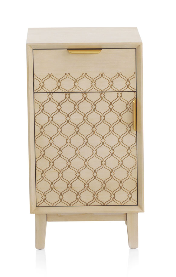 Mesita de noche 1 cajon + 1 puerta roble chapado acabado marfil, 40x34x74cm