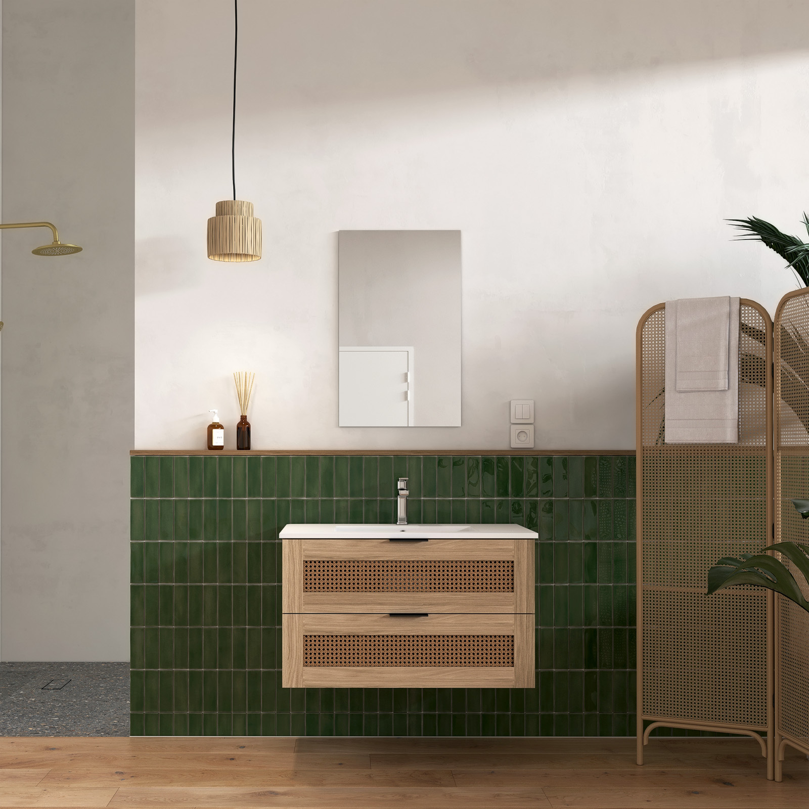 Mueble de baño apolline 80 cm madera y cannage - 2 cajones, lavabo y espejo