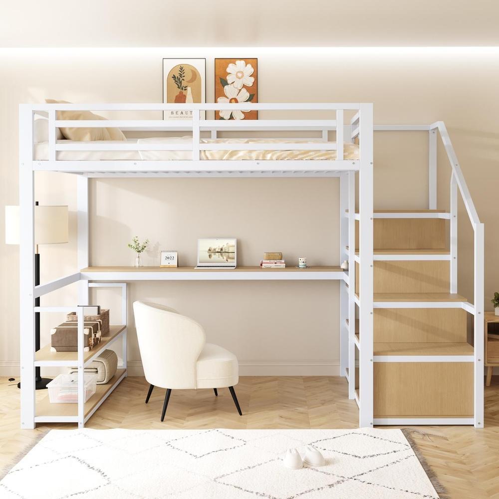 Cama alta 140x200cm de metal con escalera, escritorio, somier blanco