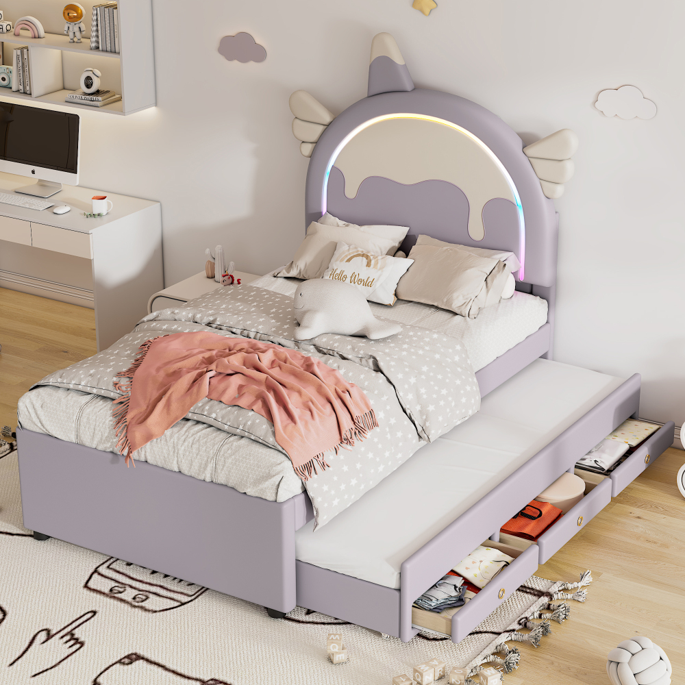Cama infantil 90x200 cm con cama nido y cajones pu y mdf – color morado