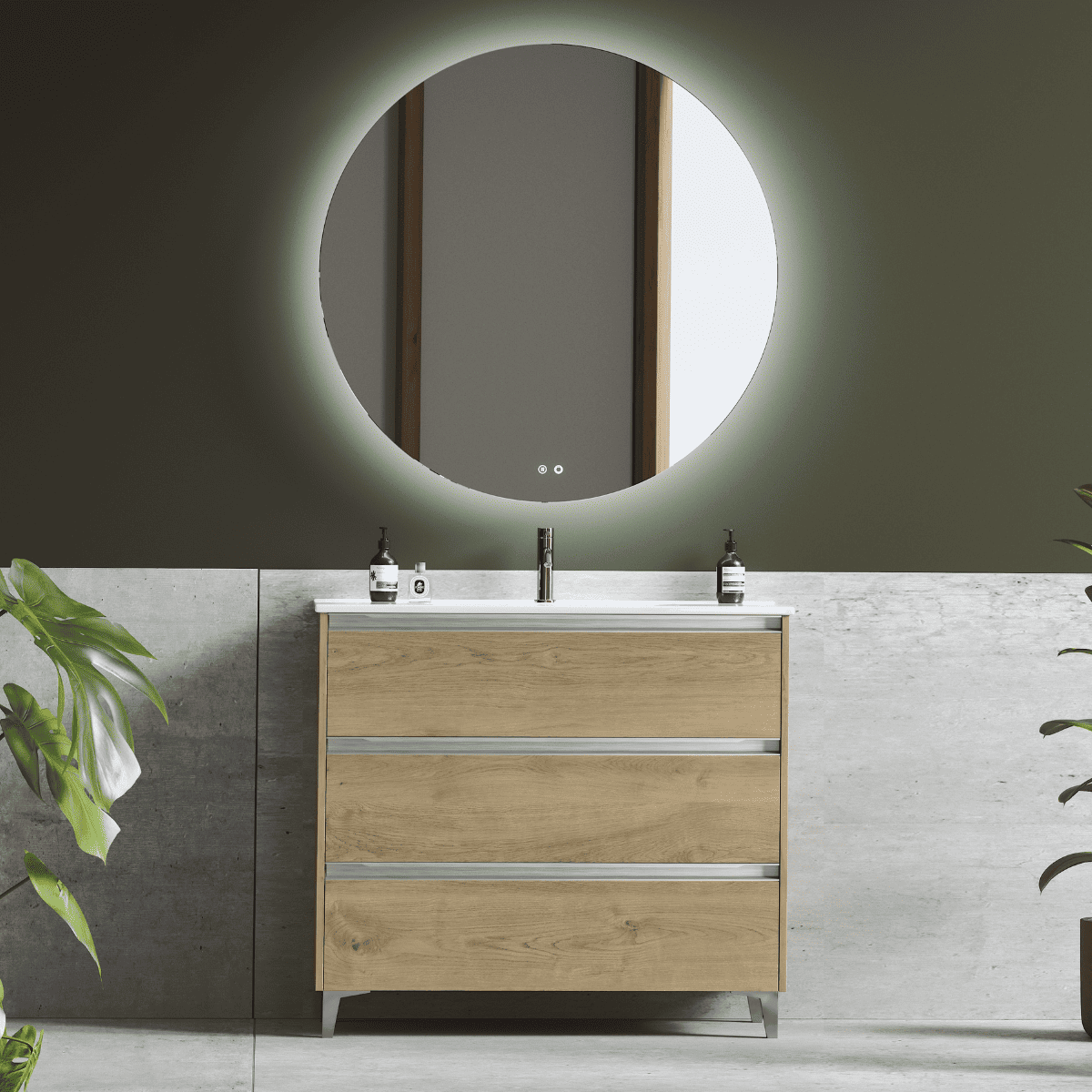 Mueble de baño lavabo cerámico | 3 cajones | 70 cm roble natural tir. Cromo