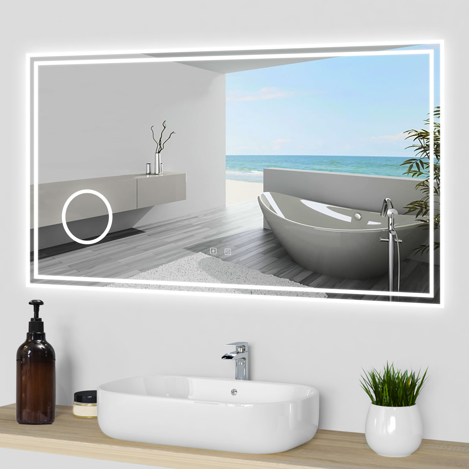 Espejo de baño LED 120×70cm + bluetooth + espejo de aumento