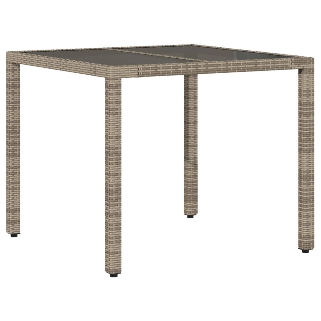 vidaXL mesa de jardín superficie de vidrio ratán pe gris 90x90x75 cm