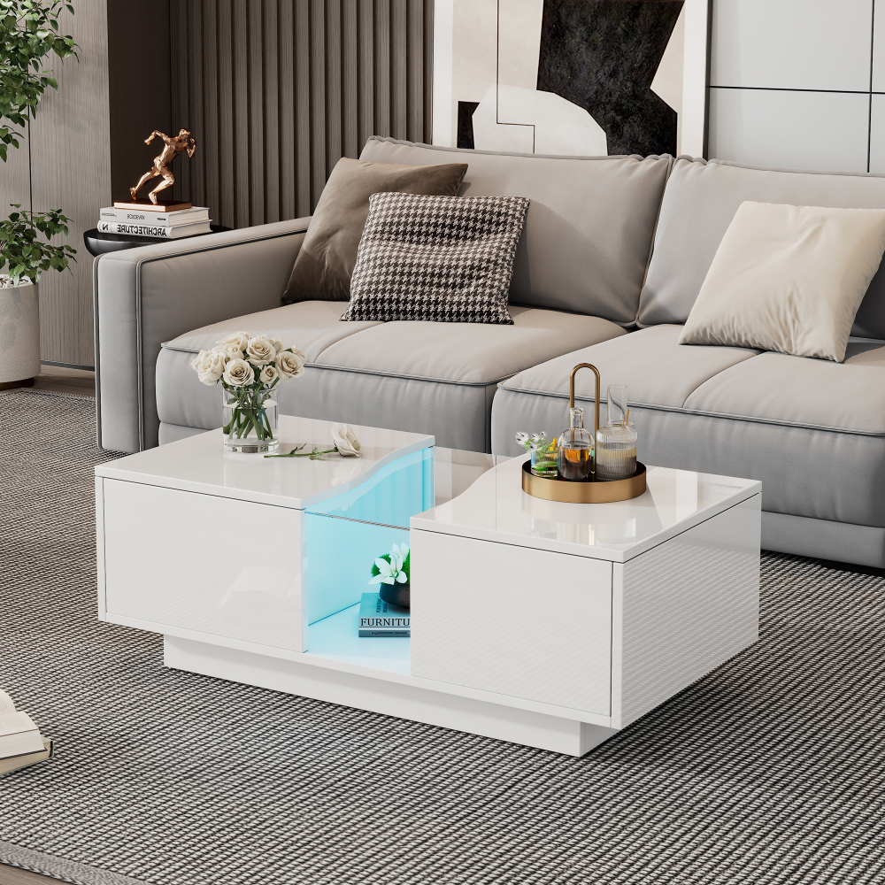 Mesa de centro con LED y 2 cajones mdf blanco 35x100x50cm