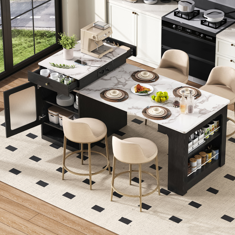 Isla de cocina con mesa extensible y enchufes blanco negro 92x80x71 151cm