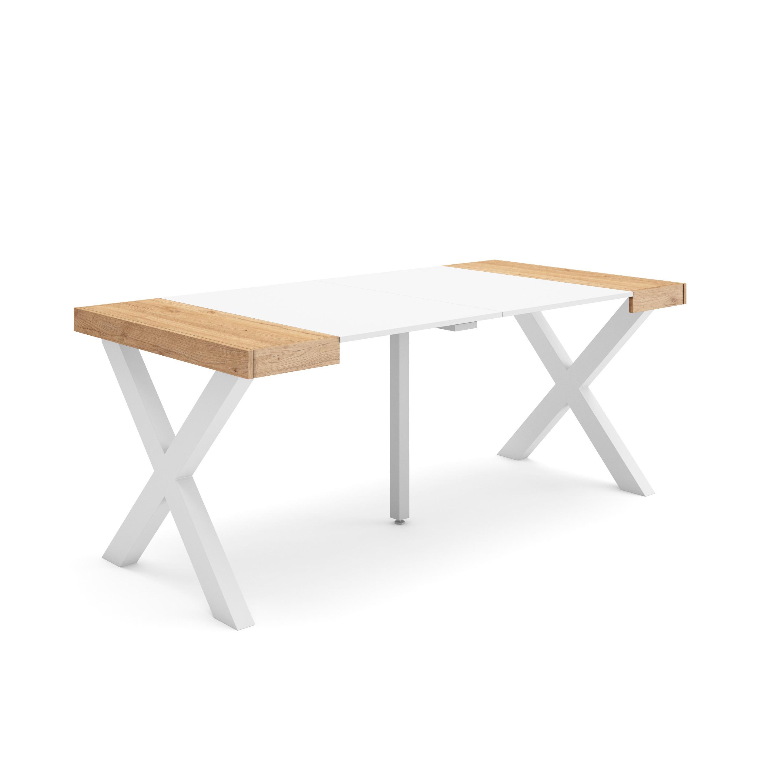Mesa consola extensible, 180x90x73cm, roble y blanco, patas madera maciza