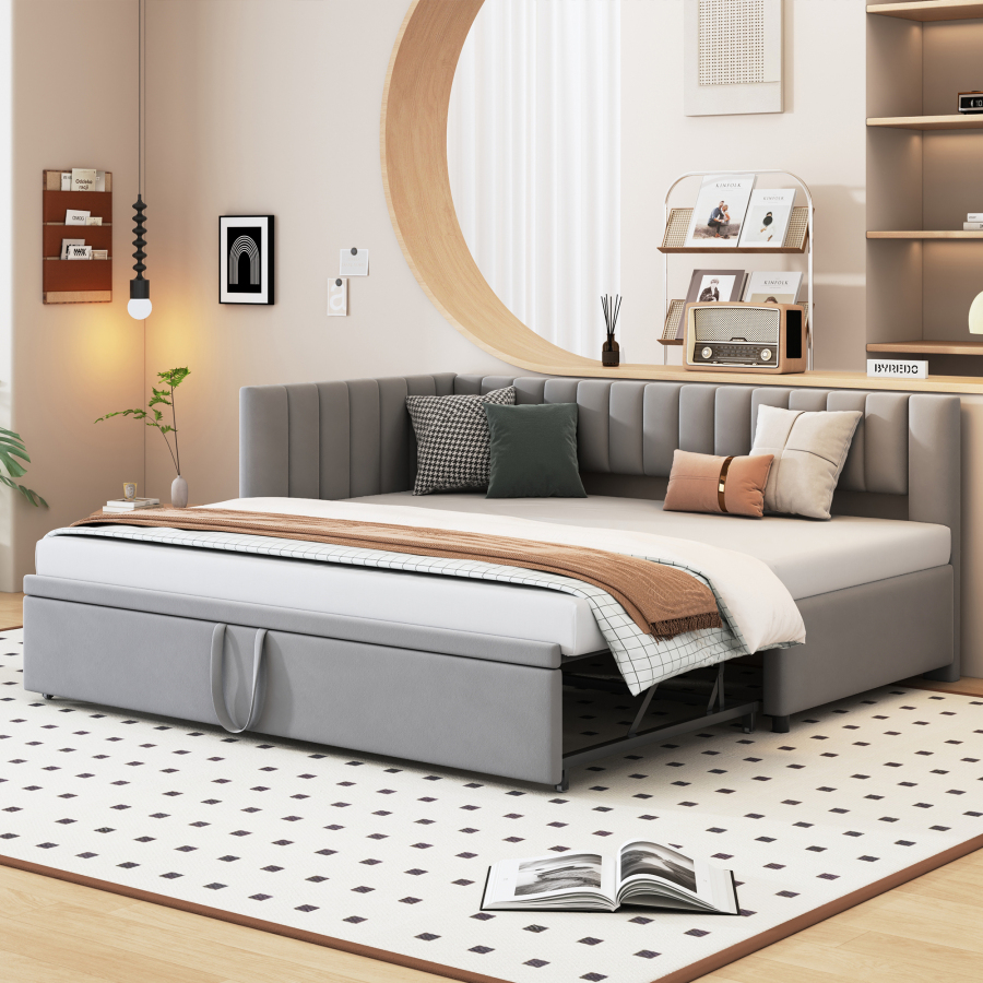 Cama nido 90/180x200cm con somier de láminas terciopelo – gris