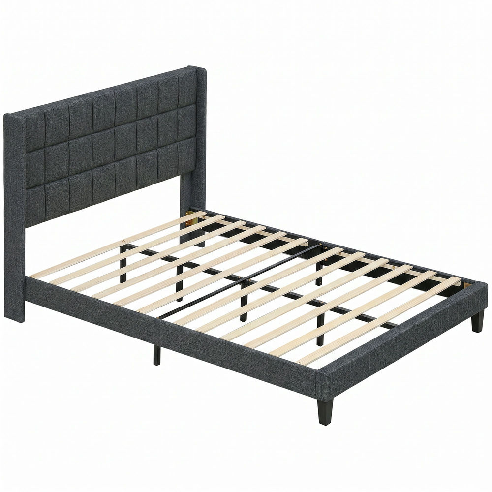 Estructura de cama 142x197x110 cm lino, madera de eucalipto color gris