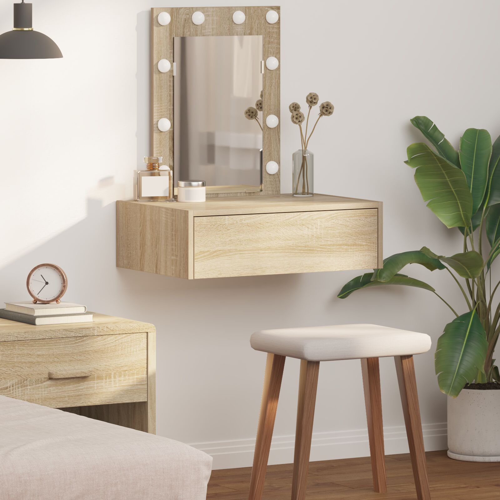 Mesa de tocador de pared con luces LED en roble de sonoma oif560168