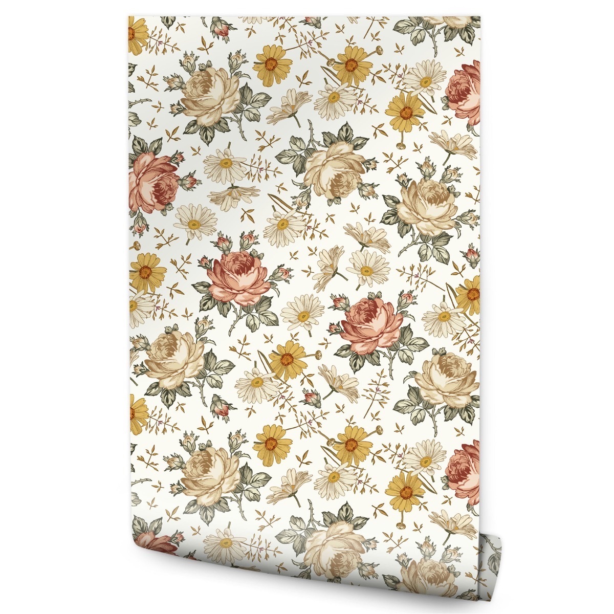 Papel Pintado Para Dormitorio Con Flores Rosas Manzanilla 53cm x 10m