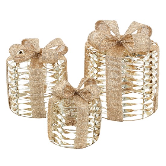 Set de 3 cajas de regalo LED doradas decorativas para árbol de navidad