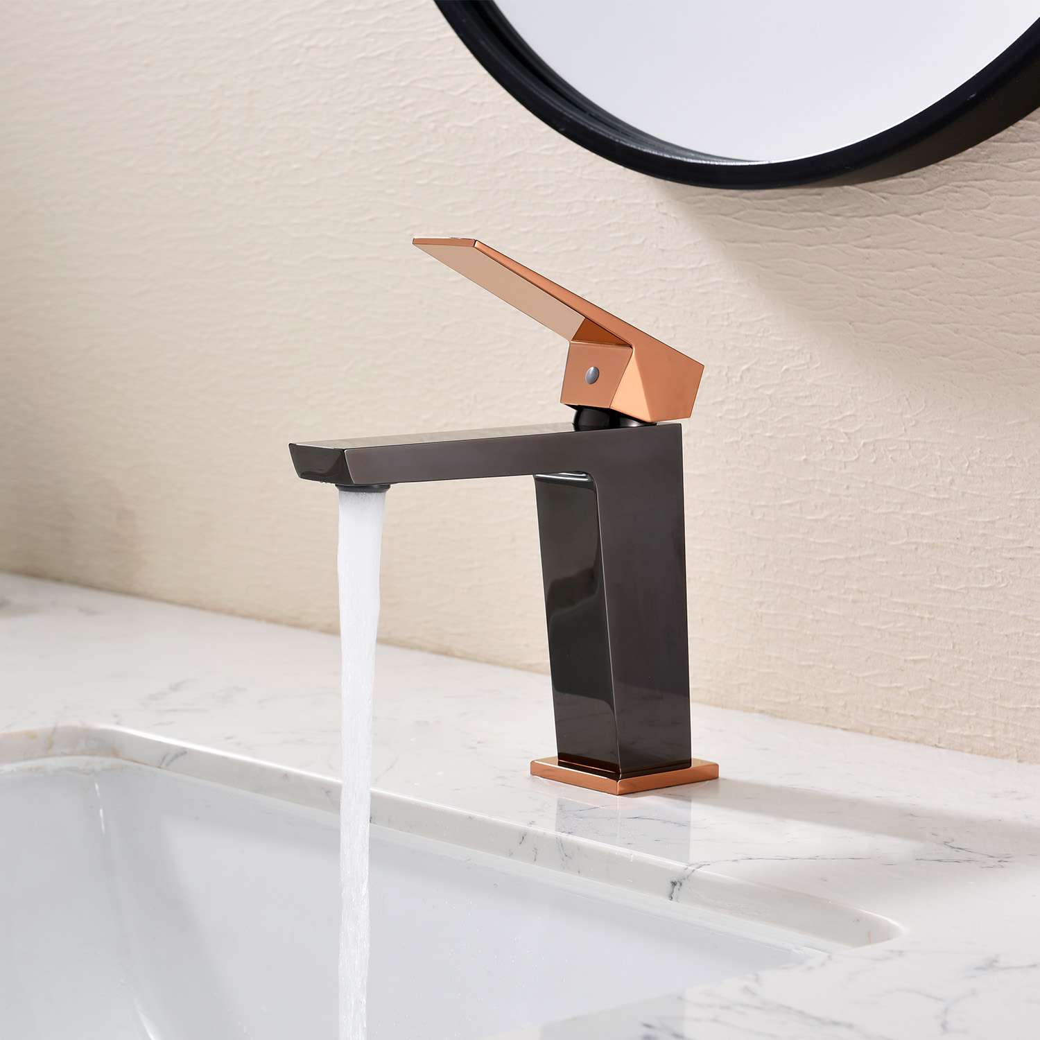 Grifo monomando lavabo sky bath negro cristal y oro rosa serie infinite