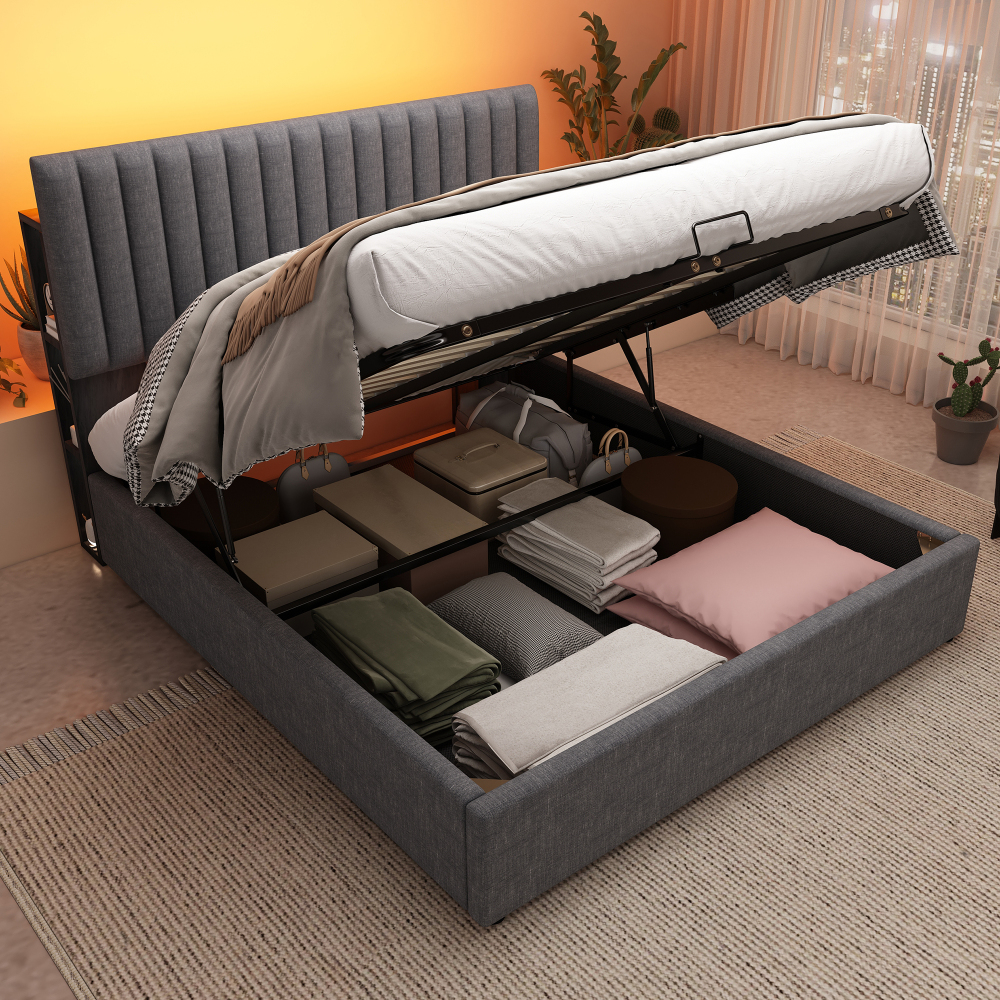 Cama 140x200 con canapé, LED app y cabecero con compartimentos