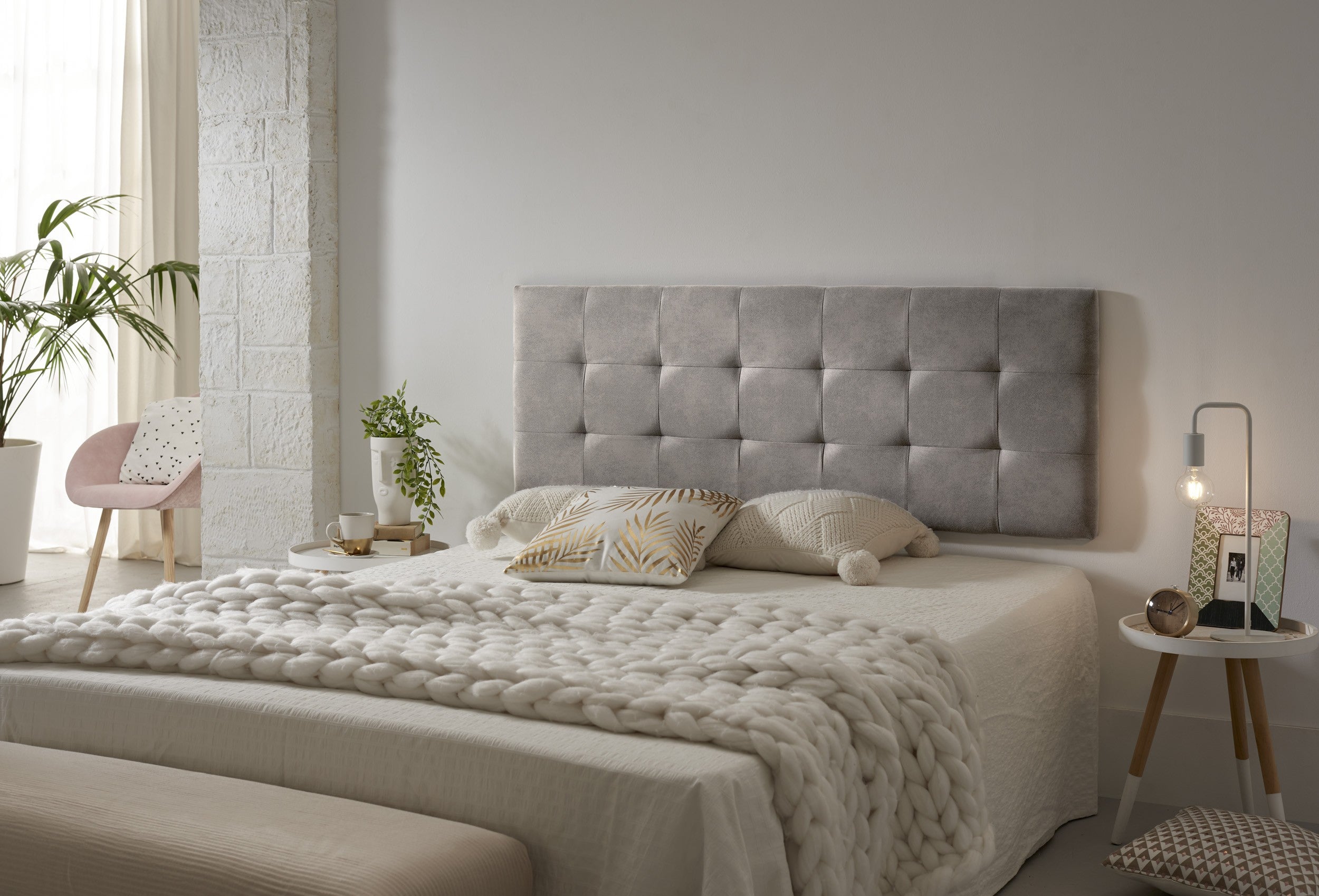 Cabecero 150 capitone cuadros tela antimanchas 152x57x5cm gris