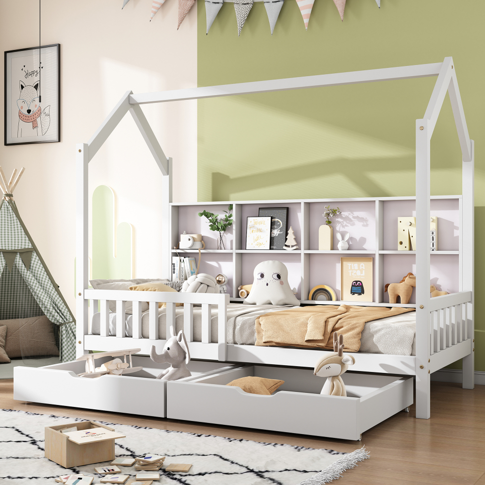 Cama individual 90x200 cm con estante y 2 cajones madera maciza – blanco