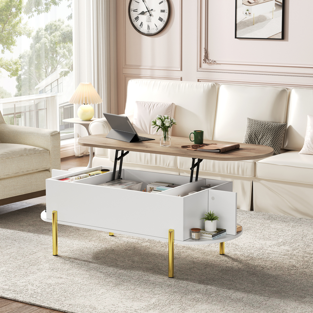 Mesa de centro elevable con almacenaje blanco/madera 43x120x50cm