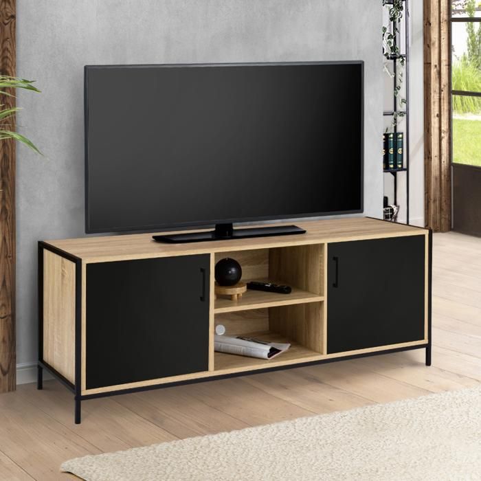 Mueble tv bicolor 140 cm - 2 puertas negras - estilo industrial