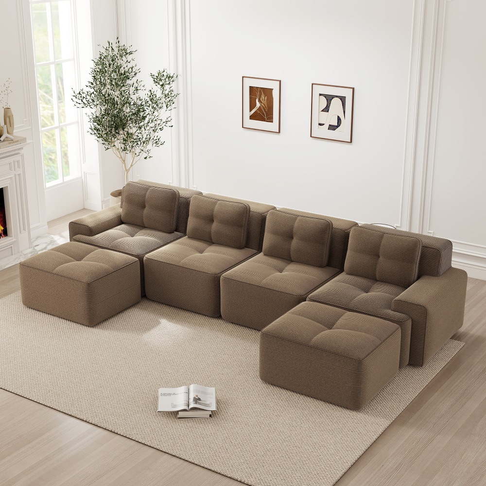 Sofá modular en u de pana marrón 4 plazas asiento profundo sin montaje