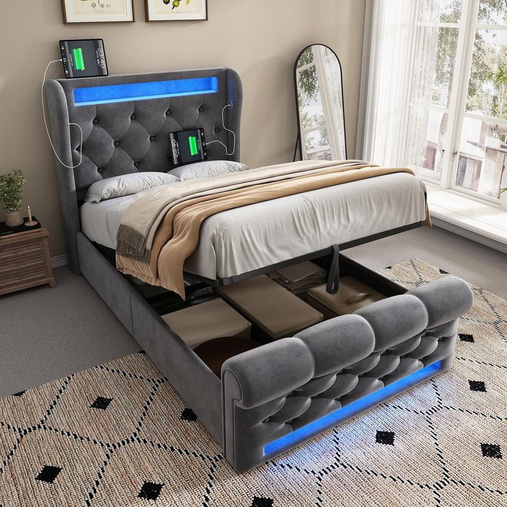 Cama 90x200 cm, velour gris, LED 360, hidráulica, sin colchón