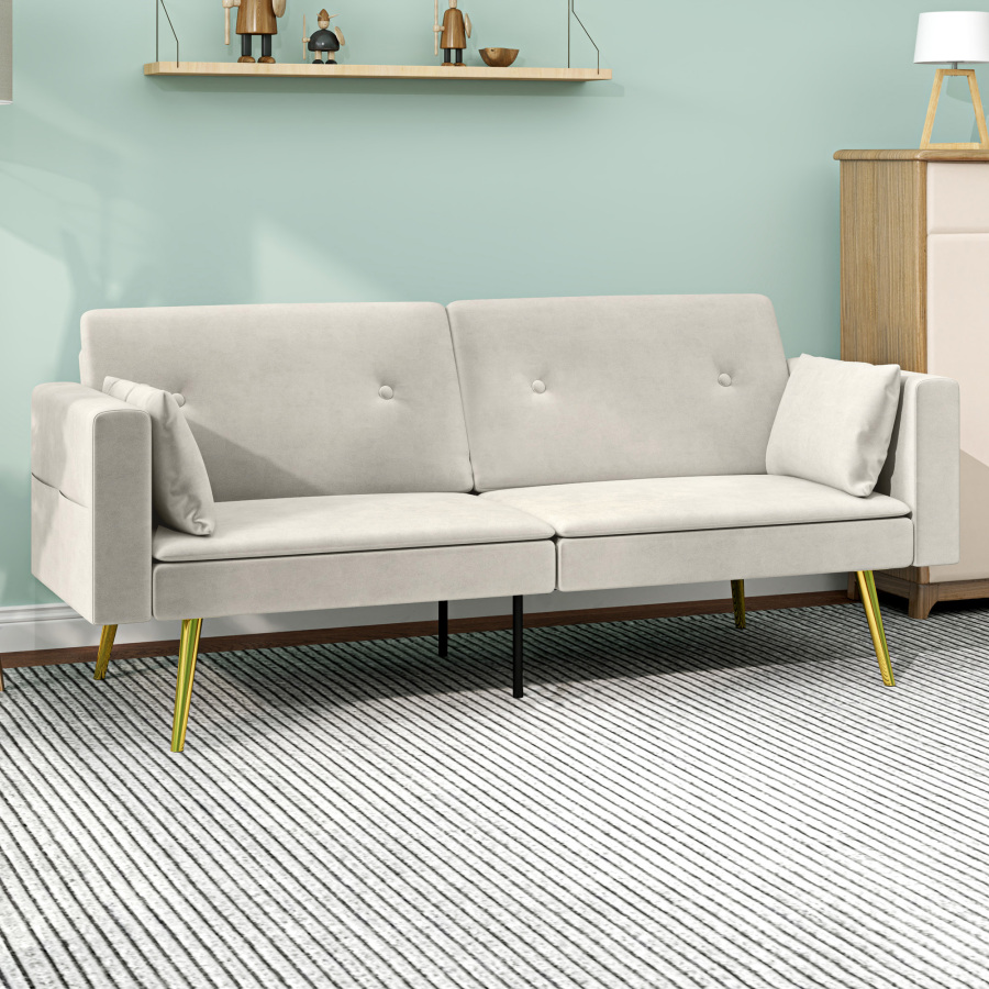 Sofá cama convertible beige 2 plazas respaldo ajustable bolsillos