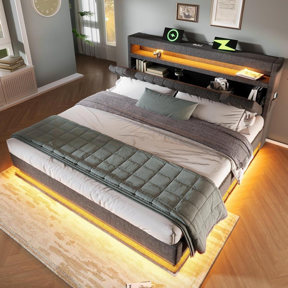 Cama doble 140x200 cm, arcón hidráulico, usb-c, LED, colchón gris