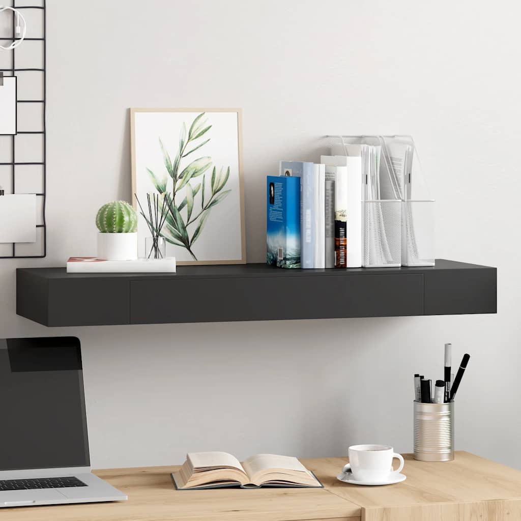 Estante flotante de pared con cajón negro 80x25x8 cm