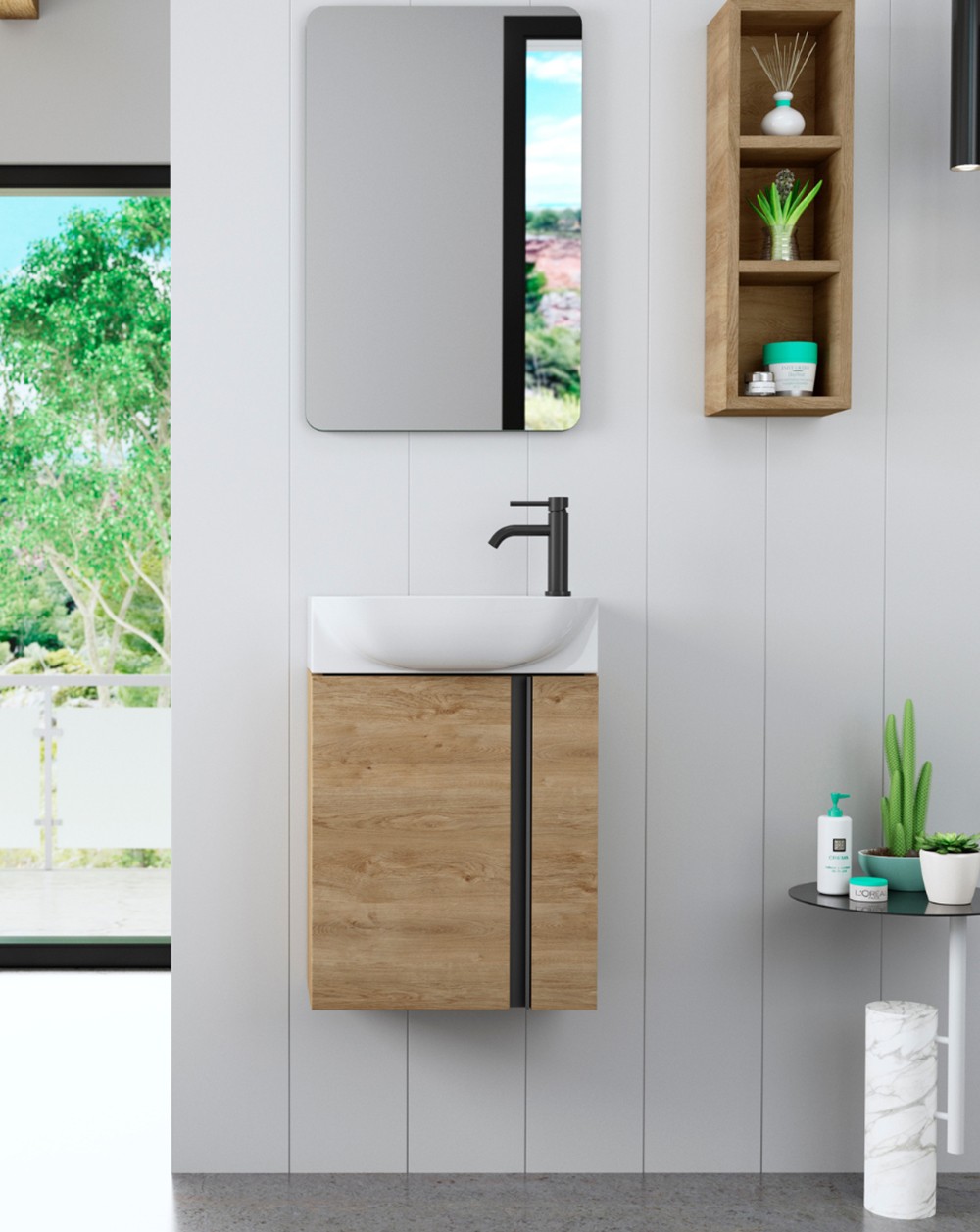 Mueble de baño suspendido a pared con lavabo cerámico | 45cm