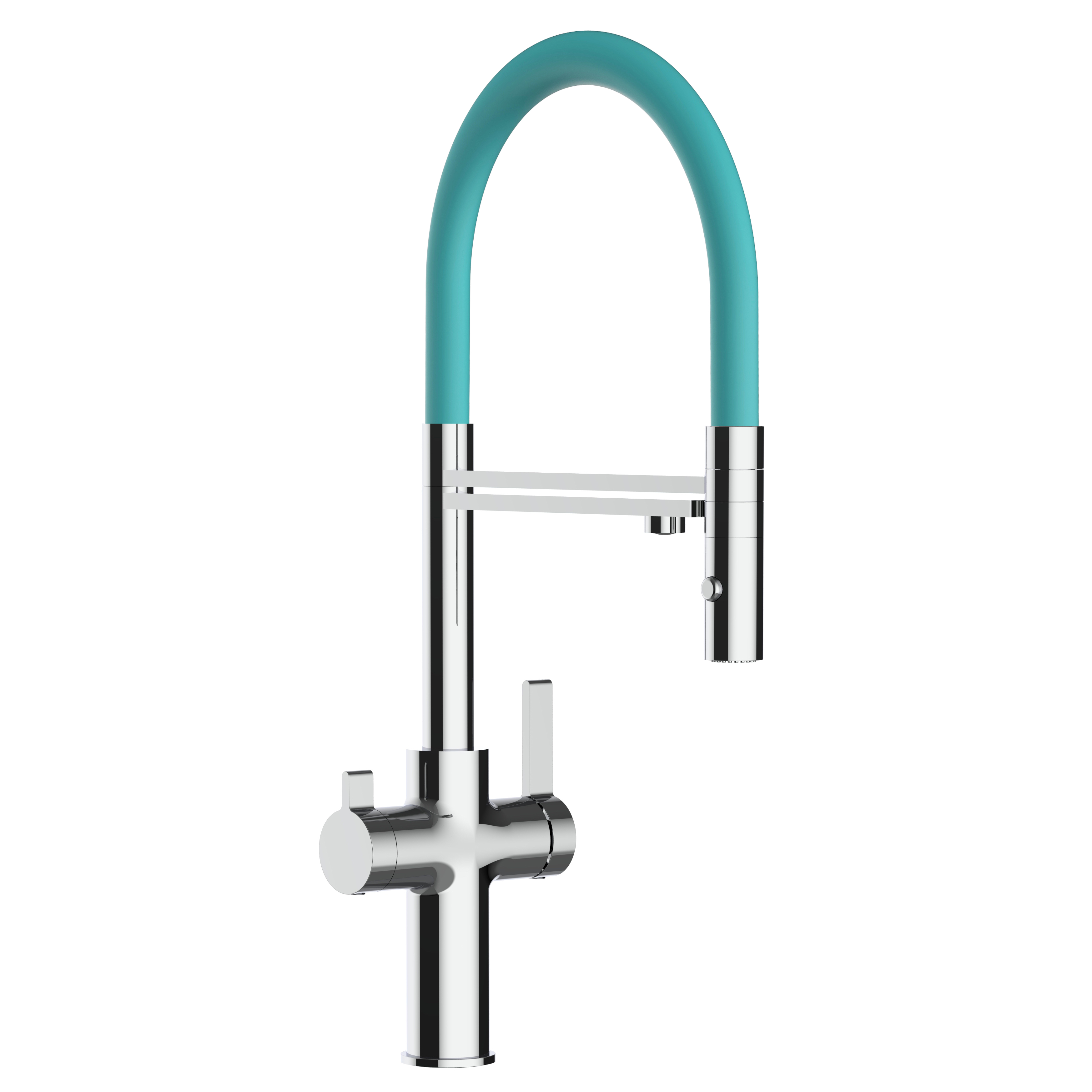 Grifo cocina 4 vías cromado FC caño giratorio turquesa ducha 2chorros