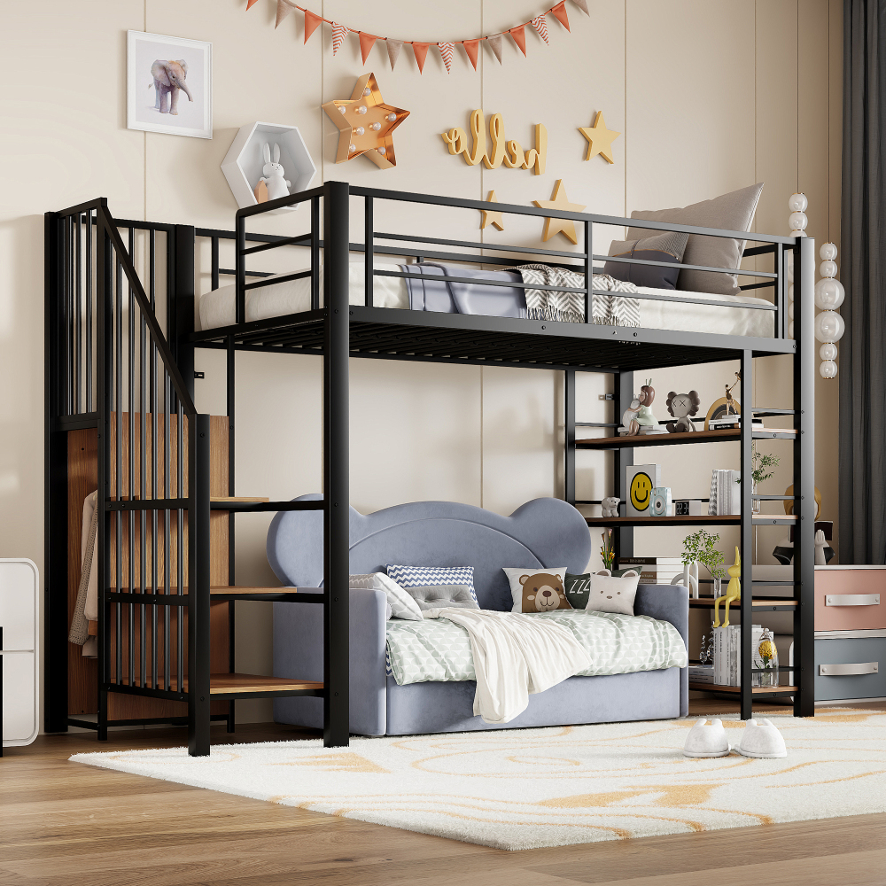 Litera 90x200 cm con escalera con almacenaje y armario metal – color negro