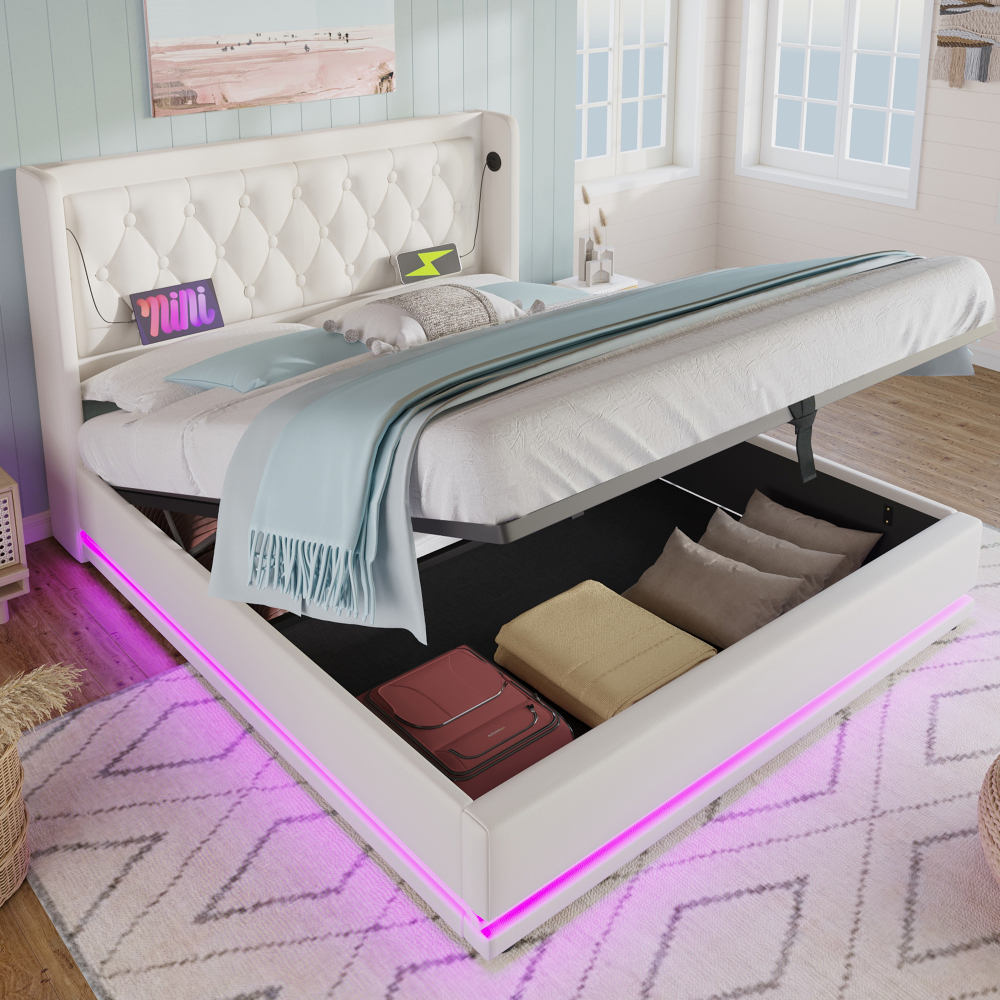Cama doble tapizada 160x200cm con canapé hidráulico, usb-c y LED pu-blanco