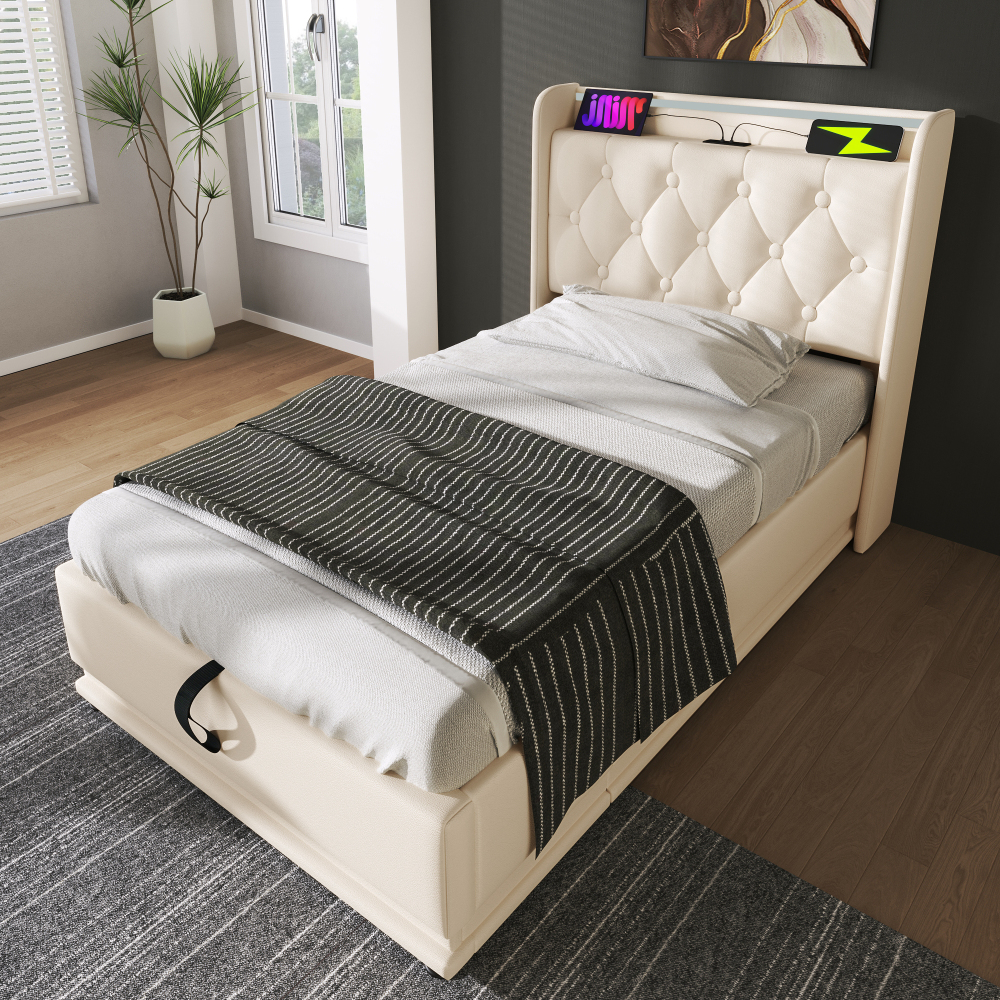 Cama tapizada 90x200cm con canapé hidráulico, LED y usb-c pu – blanco