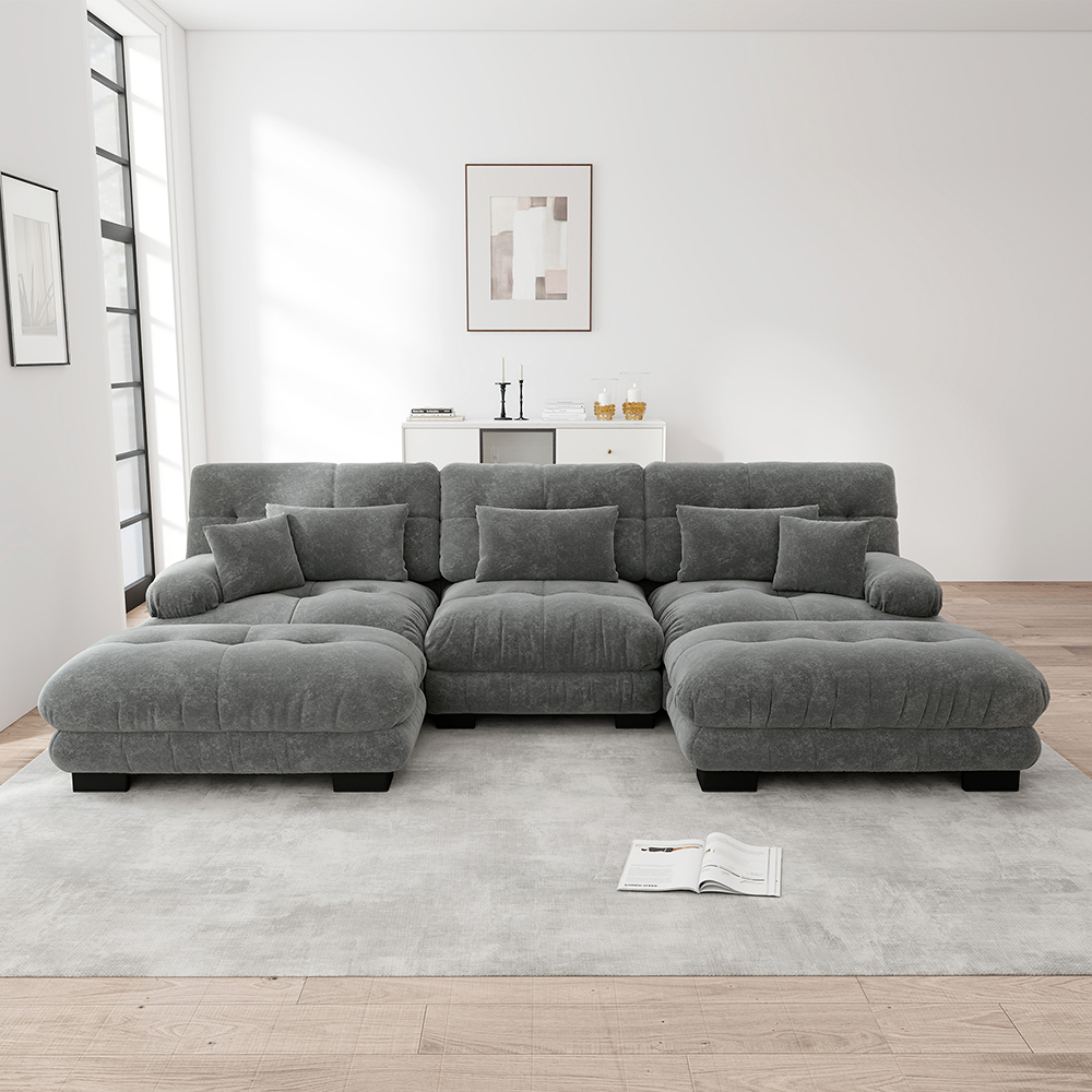 Sofá en forma de u, reposapiés, tejido afelpado, gris