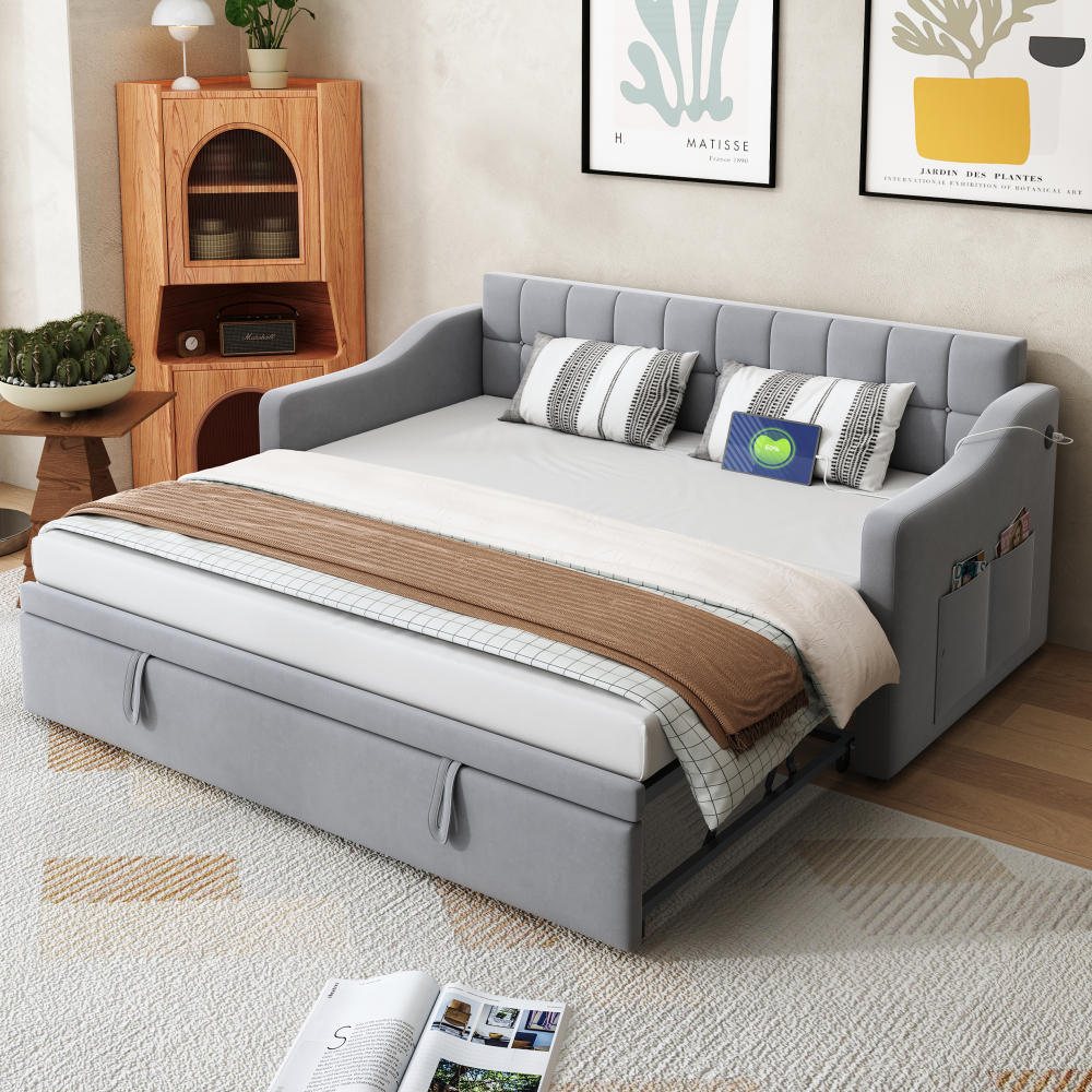 Cama nido tapizado 90/180x190cm con usb y bolsillo terciopelo gris claro