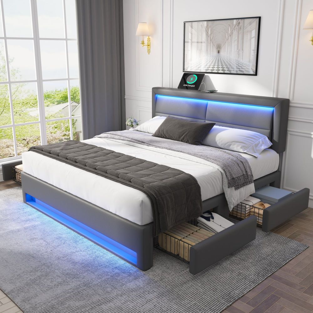 Cama doble tapizada 140x200cm con LED, usb y 4 cajones pu – gris