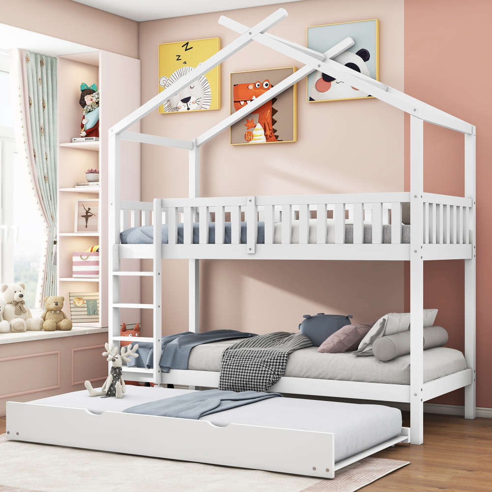 Litera casita 90x200cm con cama nido madera maciza – blanco