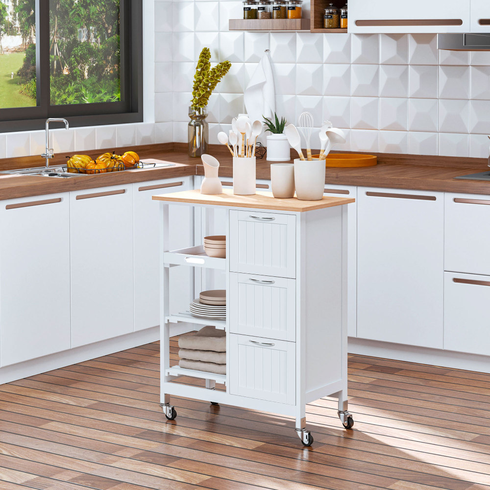 Isla de cocina con ruedas y 3 cajones blanca 84x67x37cm