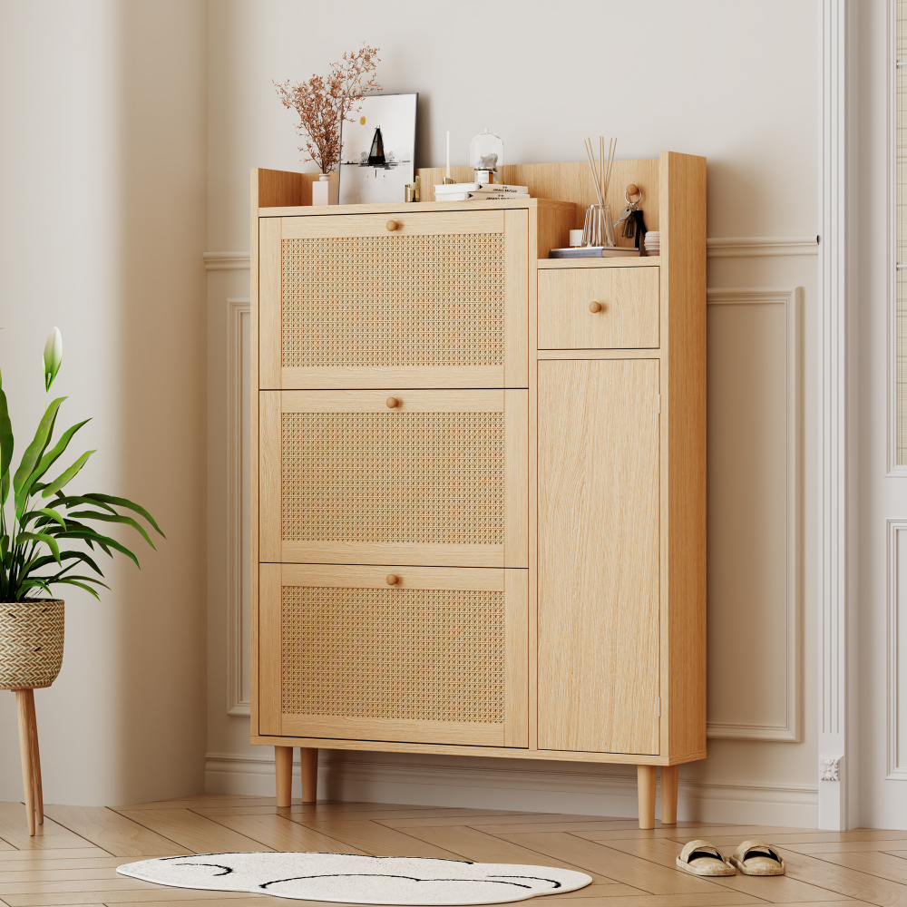 Zapatero para recibidor 3 puertas abatibles y 1 cajón natural 125x90x17cm