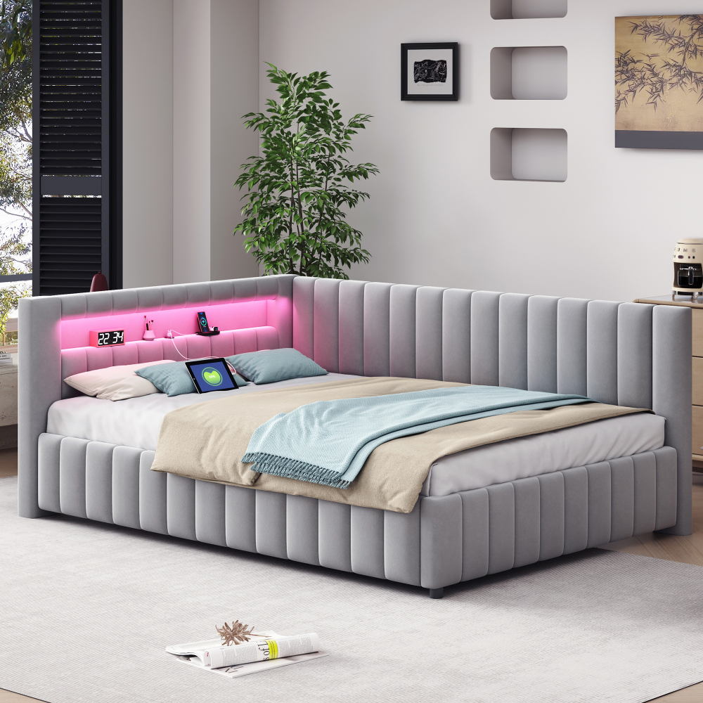 Sofá cama 140x200 cm en forma de l con LED y usb tapizado – gris