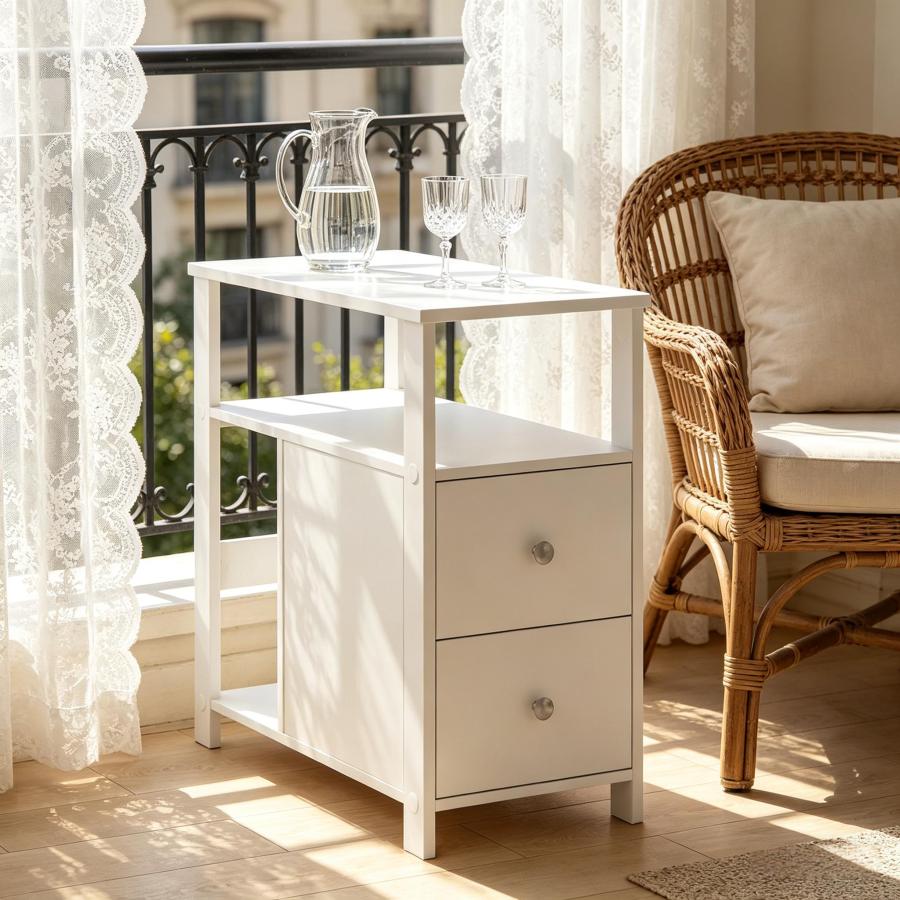 Mesa auxiliar estrecha con enchufe 2 cajones madera blanca 60x60x30cm