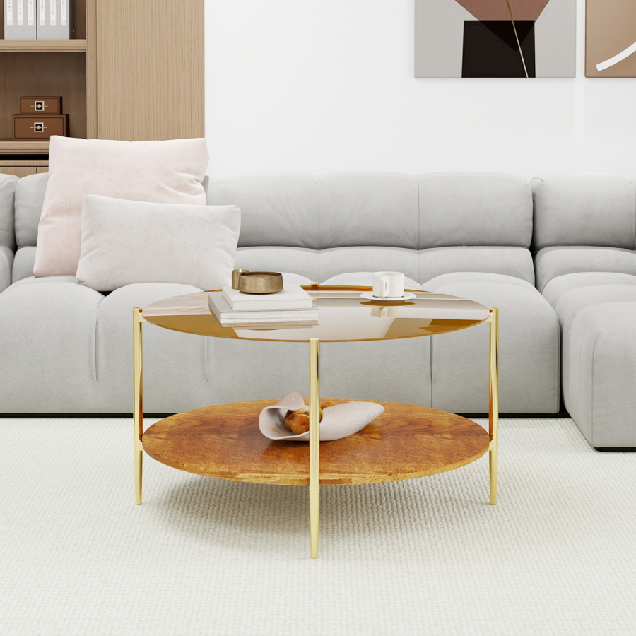 Mesa de centro redonda para salón cristal templado madera dorado 45x82x82cm