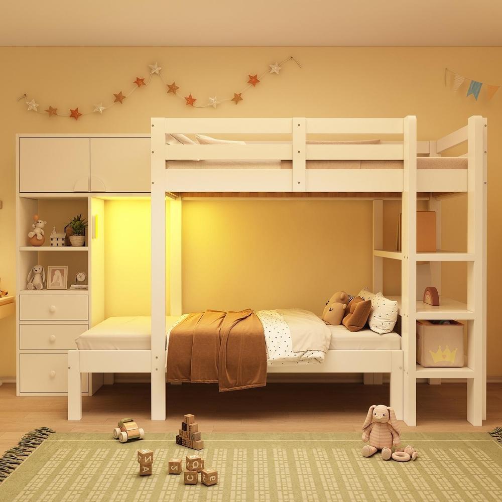 Litera infantil 90x200cm con luz LED, armario, cajones y estantes