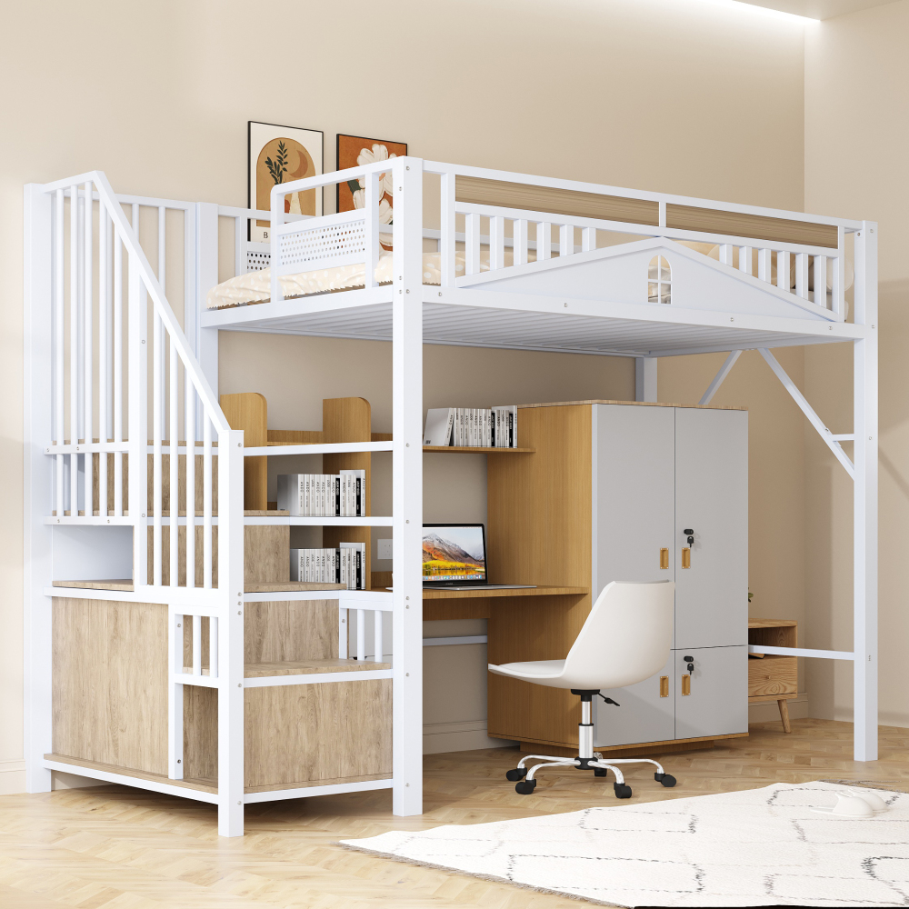 Cama alta 90x200cm ventana y escalera con almacenaje metal y madera blanco