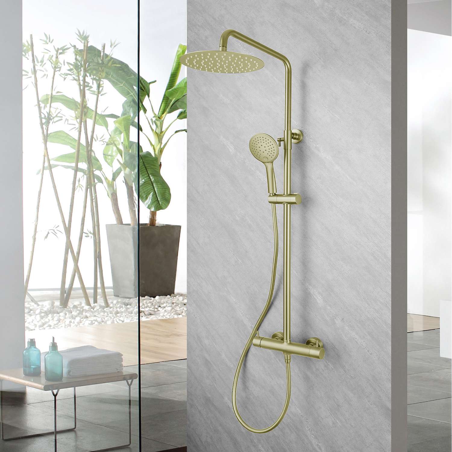 Columna de ducha monomando sky bath oro cepillado serie promise