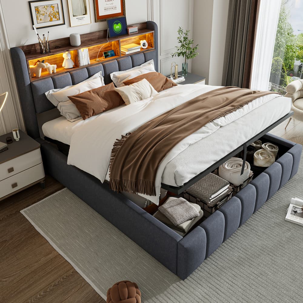 Cama doble tapizada 180x200cm con canapé hidráulico, LED, usb lino gris