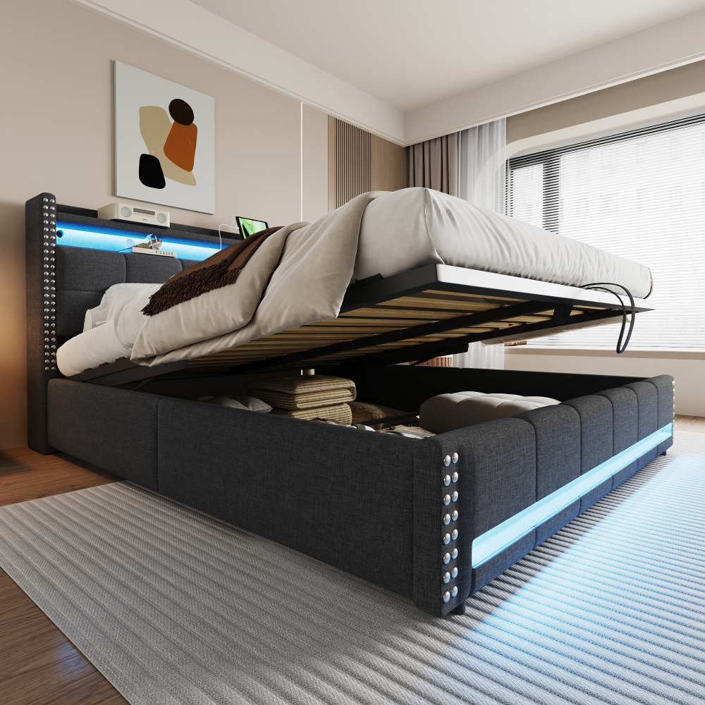 Cama 180x200cm con canapé abatible, LED y usb en lino – gris