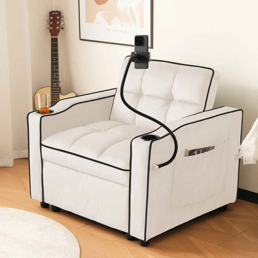 Sofá cama 3 en 1 terciopelo beige con respaldo ajustable y portavasos