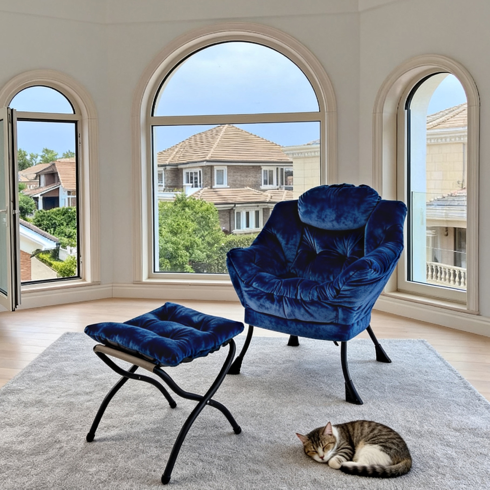 Sillón relax con reposapiés tela azul oscuro con bolsillo lateral