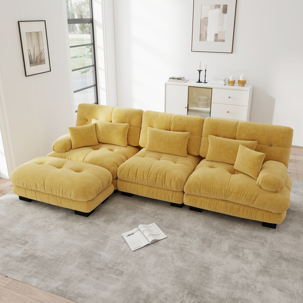 Sofá modular en l de chenilla amarillo asiento profundo